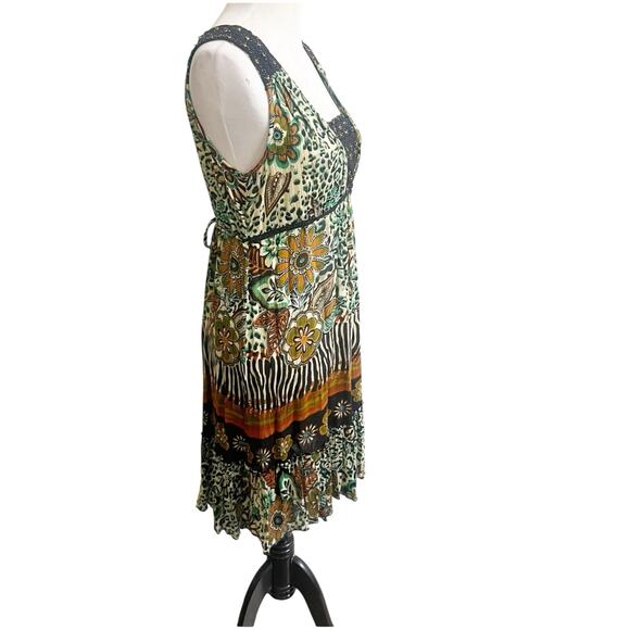 Forbidden Safari Print Dress Midi Size Medium Studded Neckline Tan Black Hippie - Picture 3 of 13